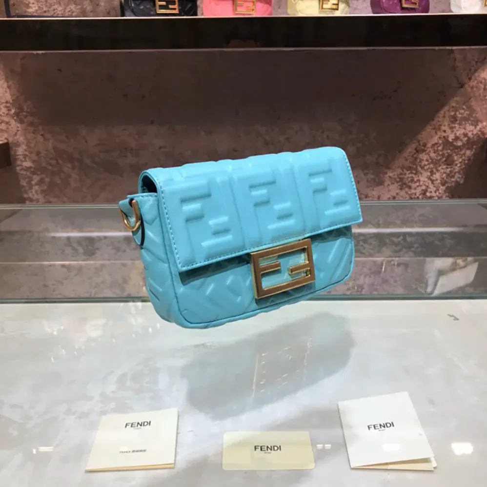 Fendi Baguette Mini Blue Nappa Leather Bag with FF Motif for Women