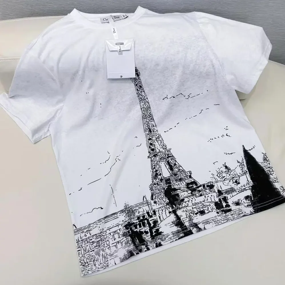 Dior T-Shirt Black and White Cotton and Linen Jersey with Paris Motif for Women Dior T-Shirt Black and White Cotton and Linen Jersey with Paris Motif for Women