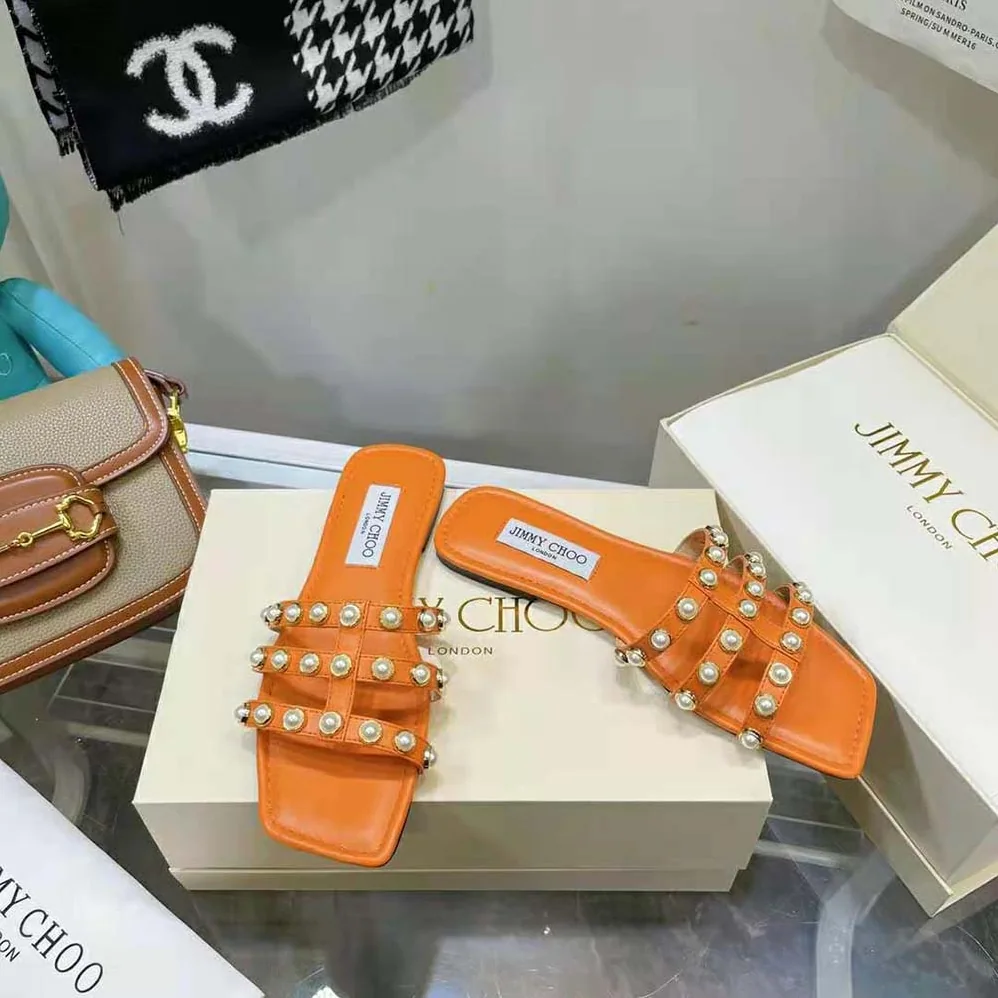 Jimmy Choo Hazal Flat Amber Orange Suede Caged Flats with Pearl Studs for Women Jimmy Choo Hazal Flat Amber Orange Suede Caged Flats with Pearl Studs for Women