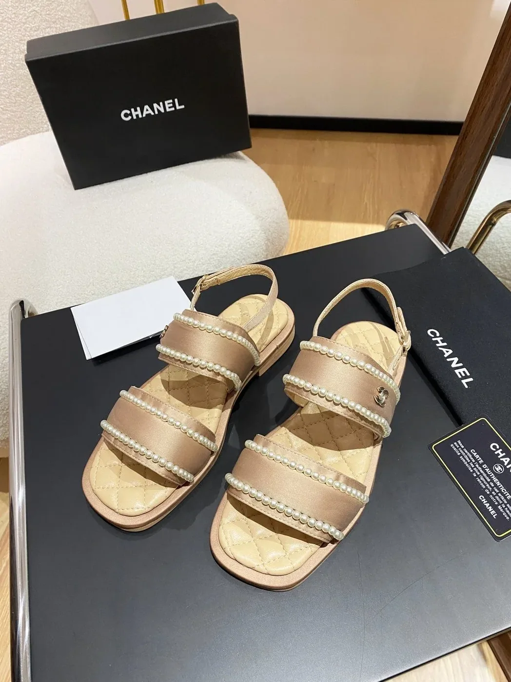 Chanel Pearl Flat Sandals Brown
