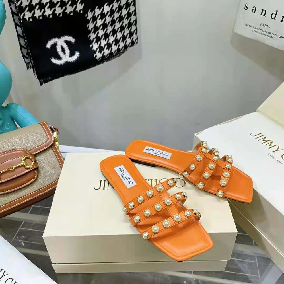 Jimmy Choo Hazal Flat Amber Orange Suede Caged Flats with Pearl Studs for Women Jimmy Choo Hazal Flat Amber Orange Suede Caged Flats with Pearl Studs for Women