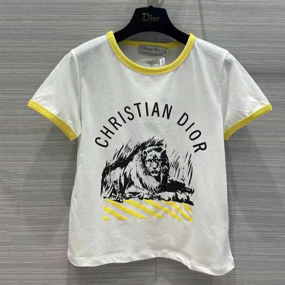 Dior T-shirt White Cotton Jersey with Fluorescent Yellow D for Women in Jungle Pop Motif