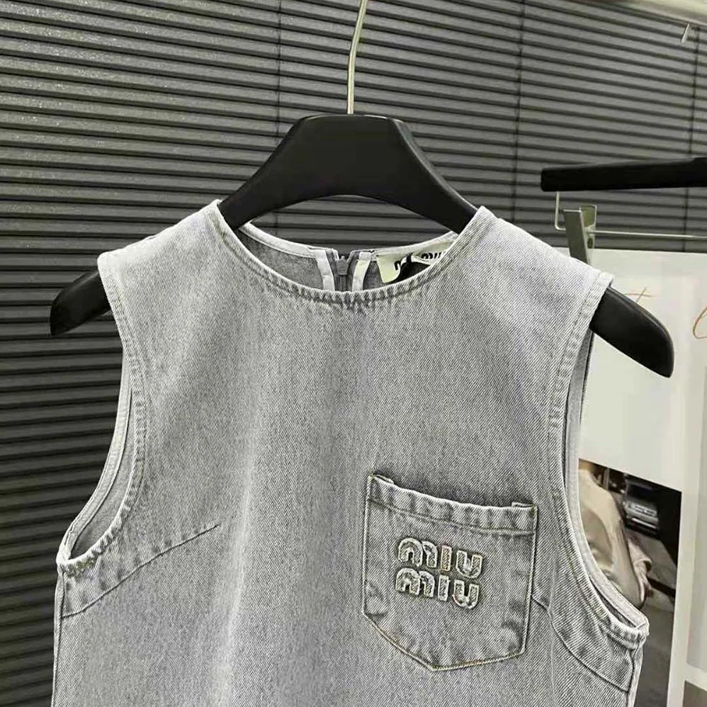 Miu Miu Denim Dress with Embroidered Logo for Women Miu Miu Denim Dress with Embroidered Logo for Women
