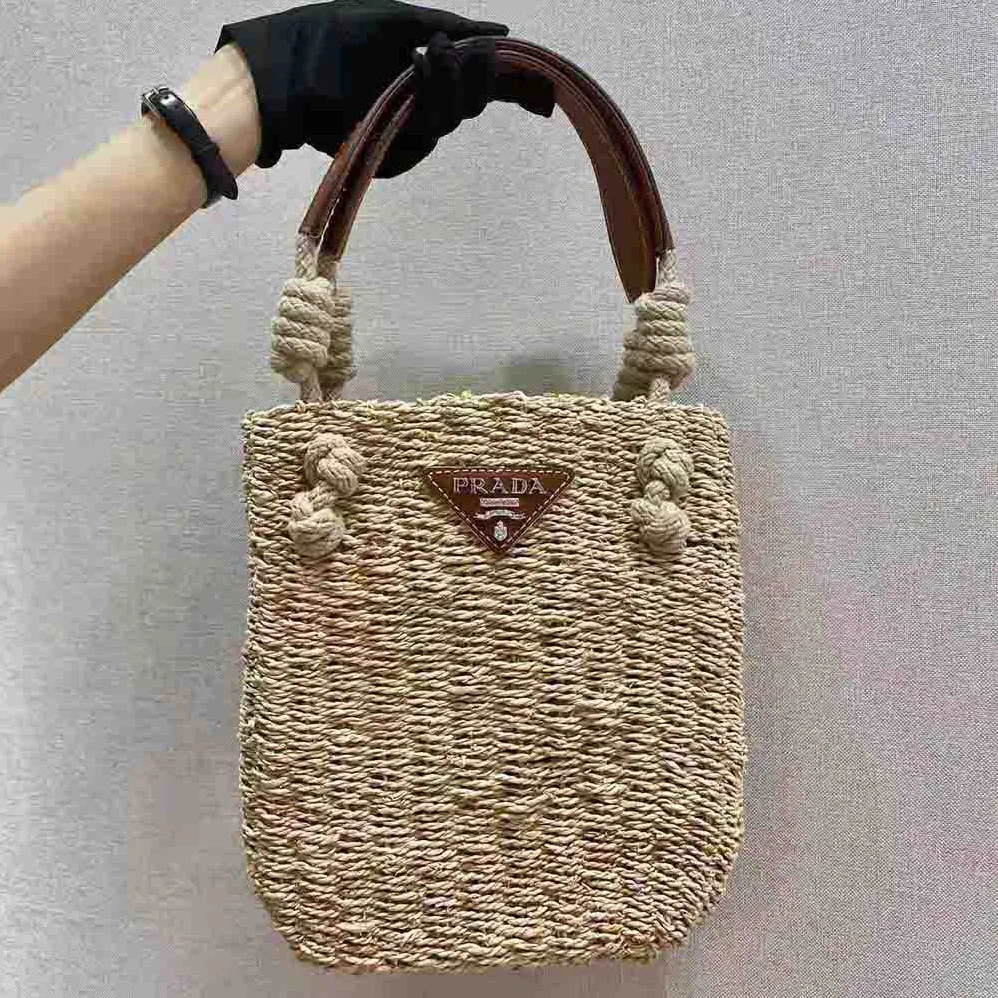 Prada Corn Husk and Leather Tote Handle Bag for Women Prada Corn Husk and Leather Tote Handle Bag for Women