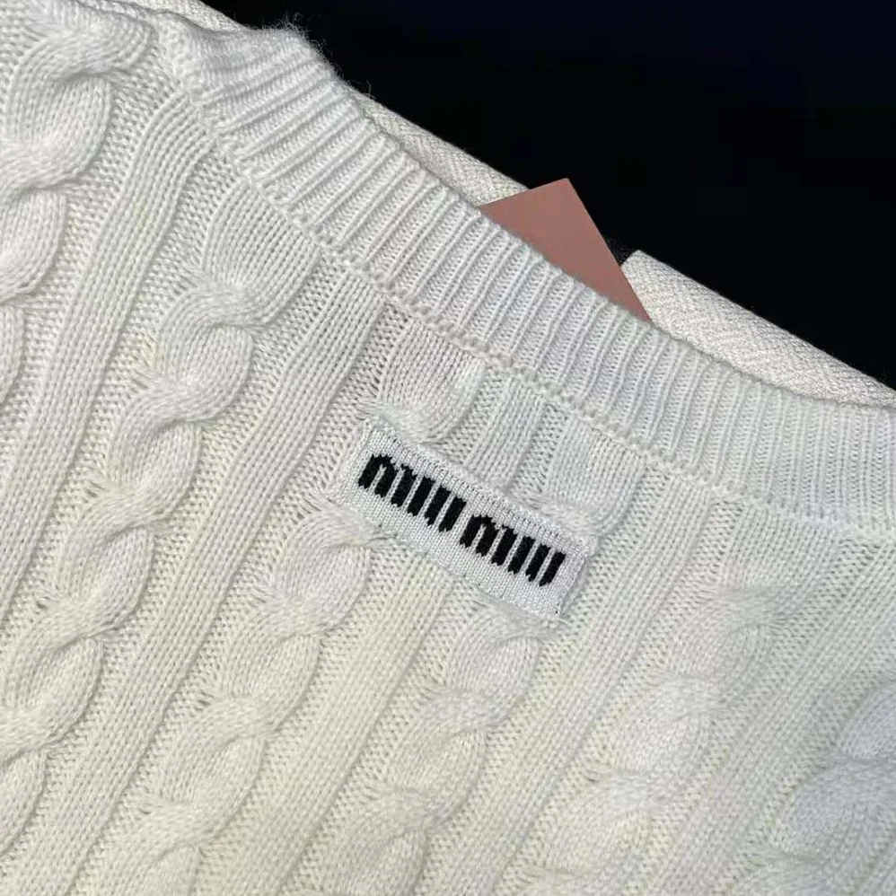 Miu Miu Cashmere Cardigan with Knit Logo Patch for Women Miu Miu Cashmere Cardigan with Knit Logo Patch for Women