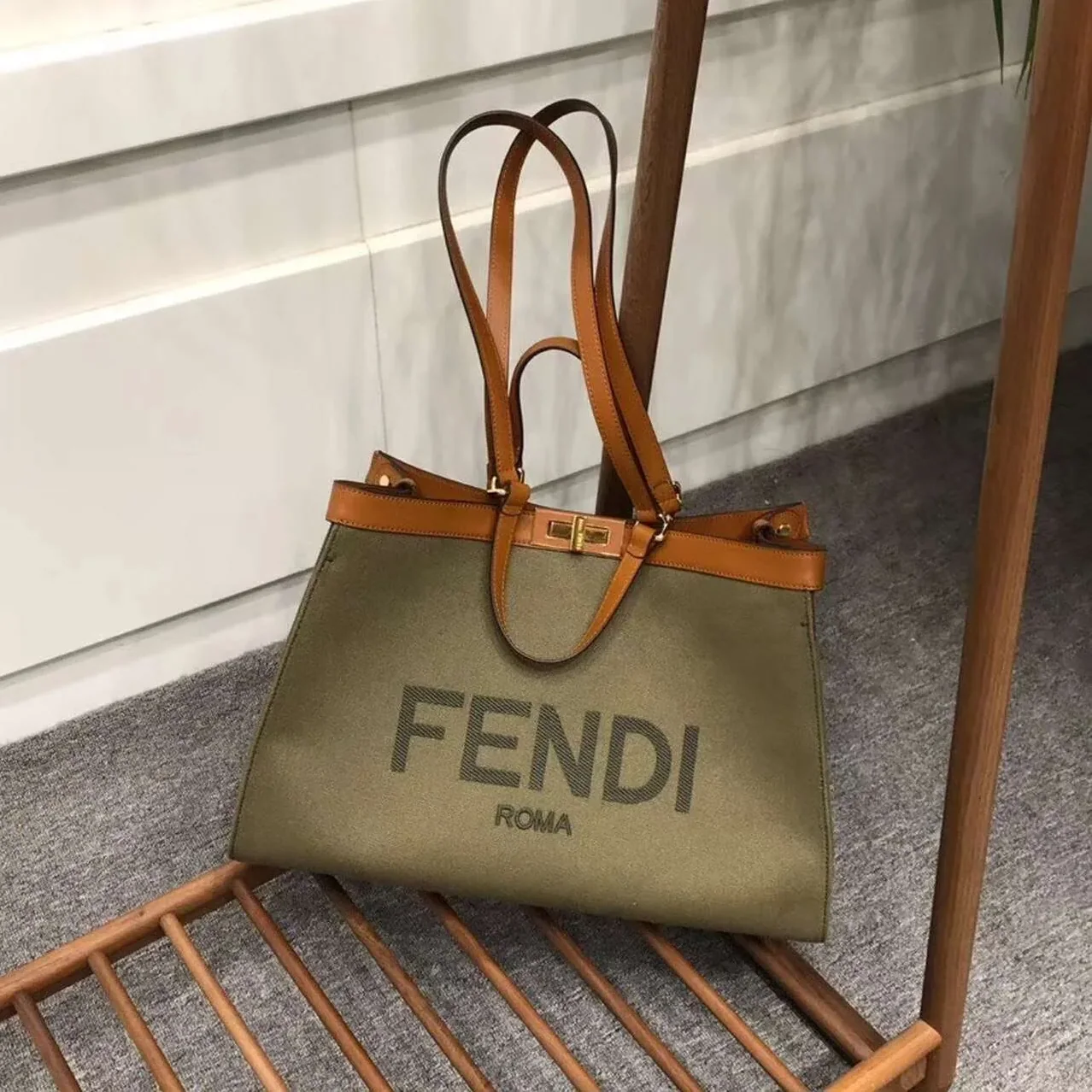 Fendi Peekaboo X-Tote Canvas Bag Green Khaki / FF 8BH374 Fendi Peekaboo X-Tote Canvas Bag Green Khaki / FF 8BH374