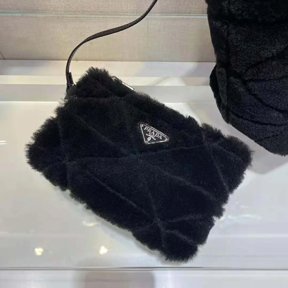 Prada Iconic Triangle Logo Soft Shearling Tote for Women in Black Prada Iconic Triangle Logo Soft Shearling Tote for Women in Black