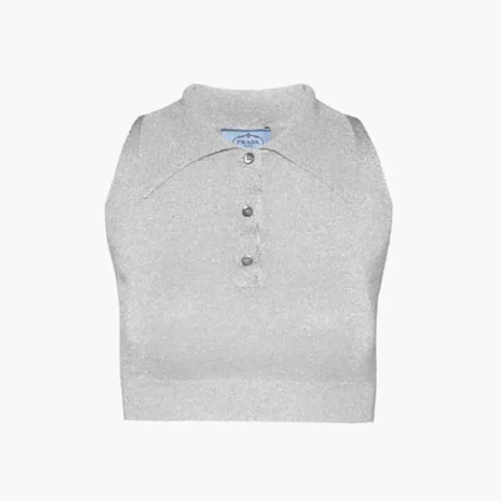 Prada Ribbed Knit Lurex Crop Top for Women in Silver Prada Ribbed Knit Lurex Crop Top for Women in Silver