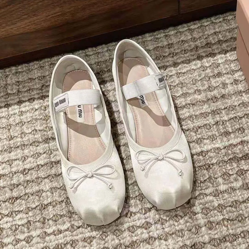 Miu Miu Satin Ballerinas with Knit Logo Label for Women in White