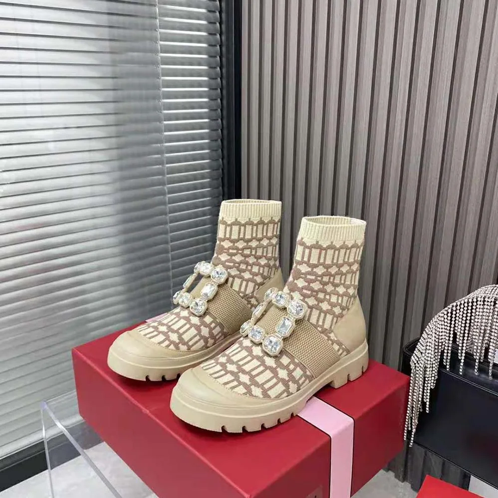 Roger Vivier Walky Viv' Rhinestone Buckle Socks Ankle Boots in Fabric for Women in Beige