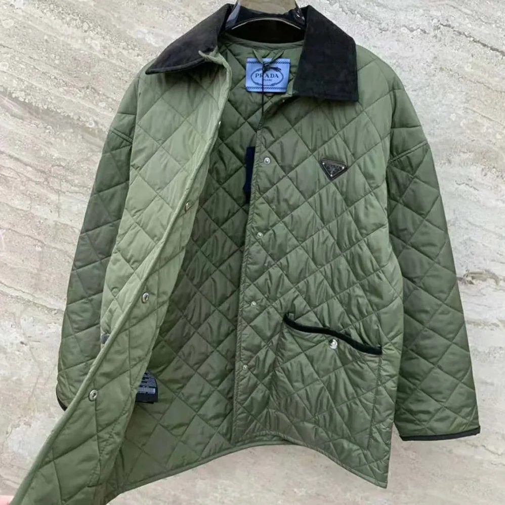 Prada Light Re-Nylon Jacket with Enameled Metal Triangle Logo for Women in Dark Green