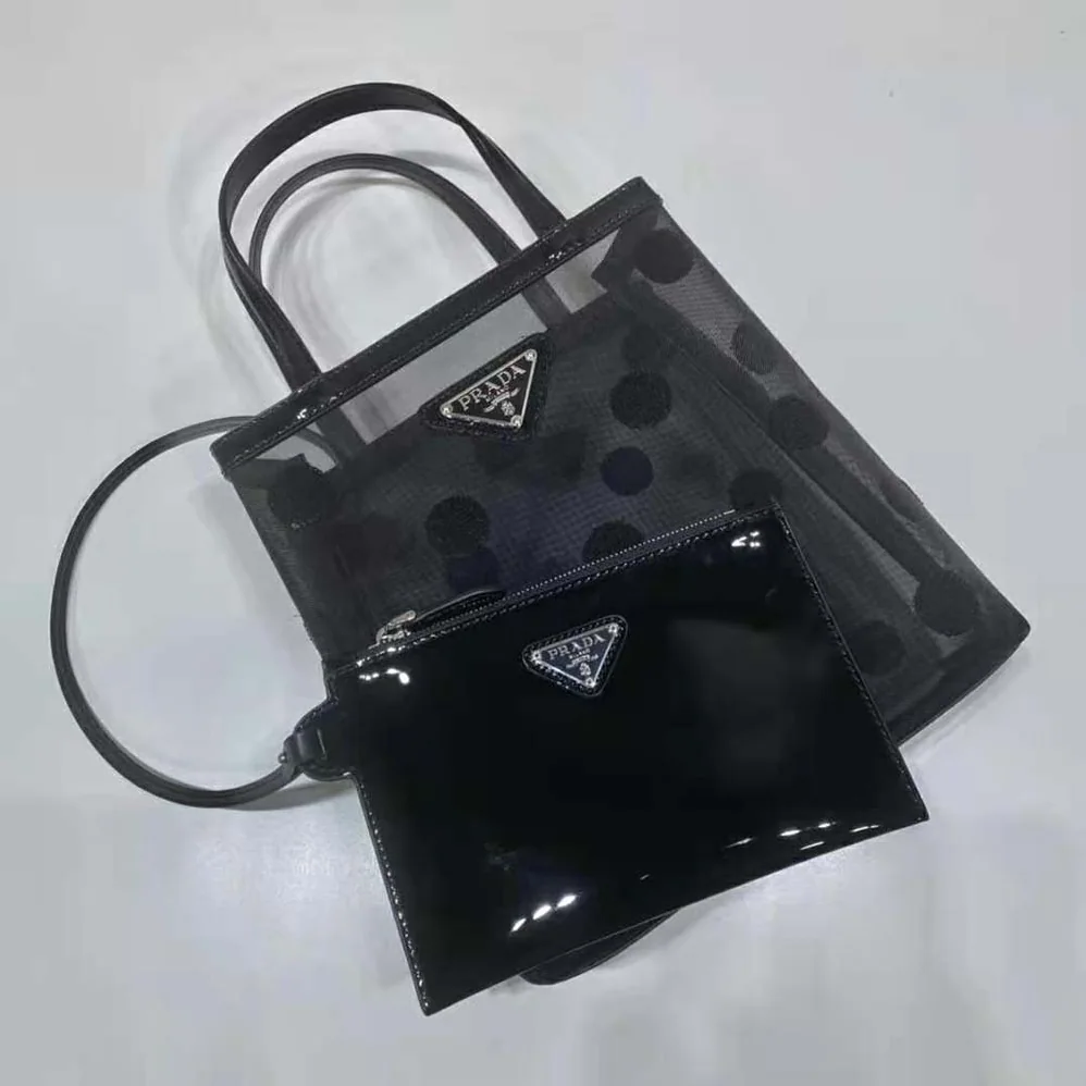 Prada Small Polka-Dot Mesh Tote Bag for Women in Black Prada Small Polka-Dot Mesh Tote Bag for Women in Black