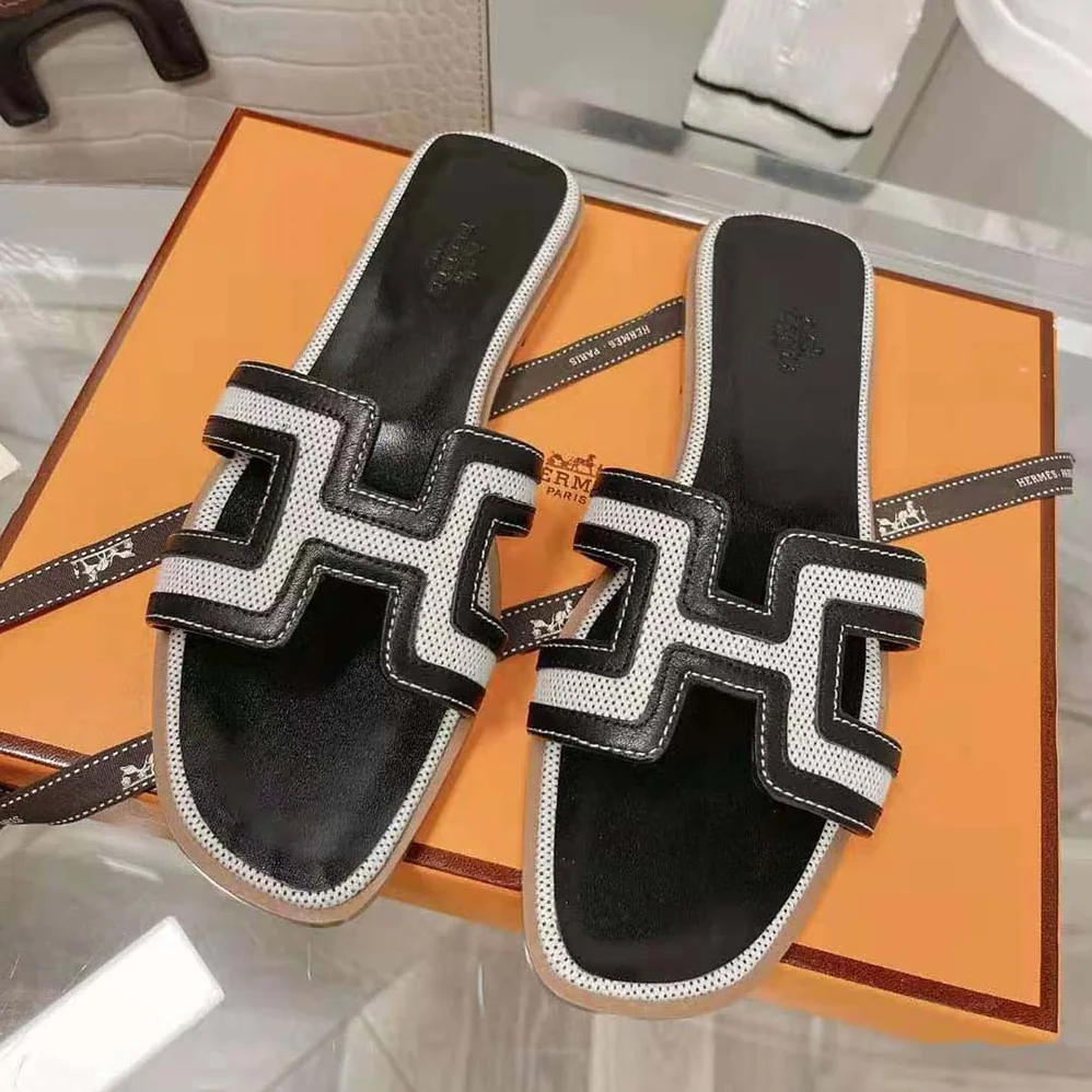 Hermes Oran Sandal in Calfskin and H Canvas with Iconic H Cut-Out for Women in Black