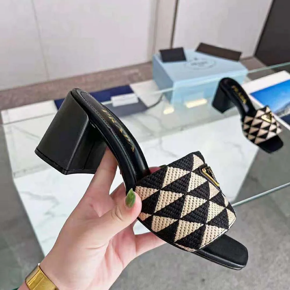 Prada Embroidered Fabric Sandals for Women in Black