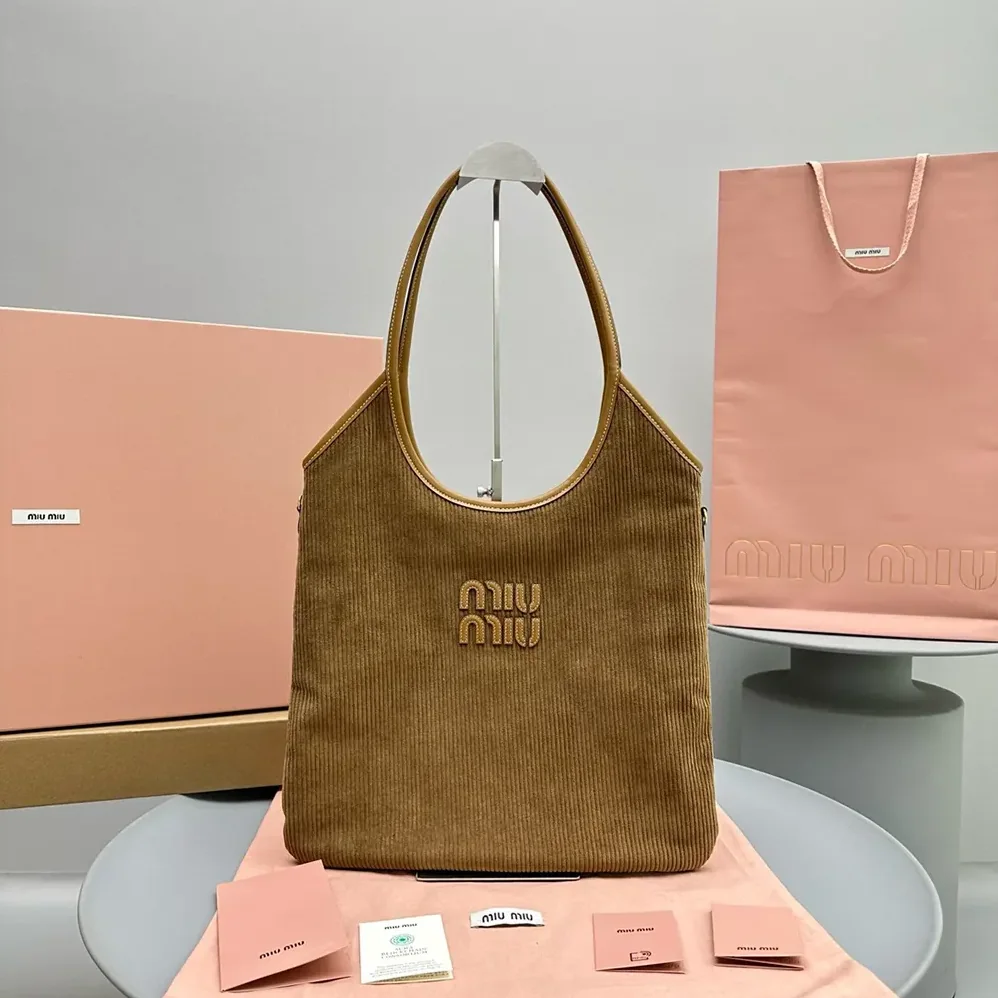 Miu Miu IVY Corduroy Bag with Leather Lettering Logo for Women in Brown Miu Miu IVY Corduroy Bag with Leather Lettering Logo for Women in Brown