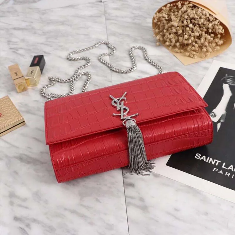 Saint Laurent YSL Kate Small Tassel Embossed Crocodile Shiny Calfskin for Women in Red Saint Laurent YSL Kate Small Tassel Embossed Crocodile Shiny Calfskin for Women in Red