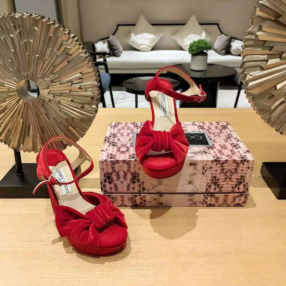 Jimmy Choo Heloise 120 Red Velvet Platform Sandals for Women