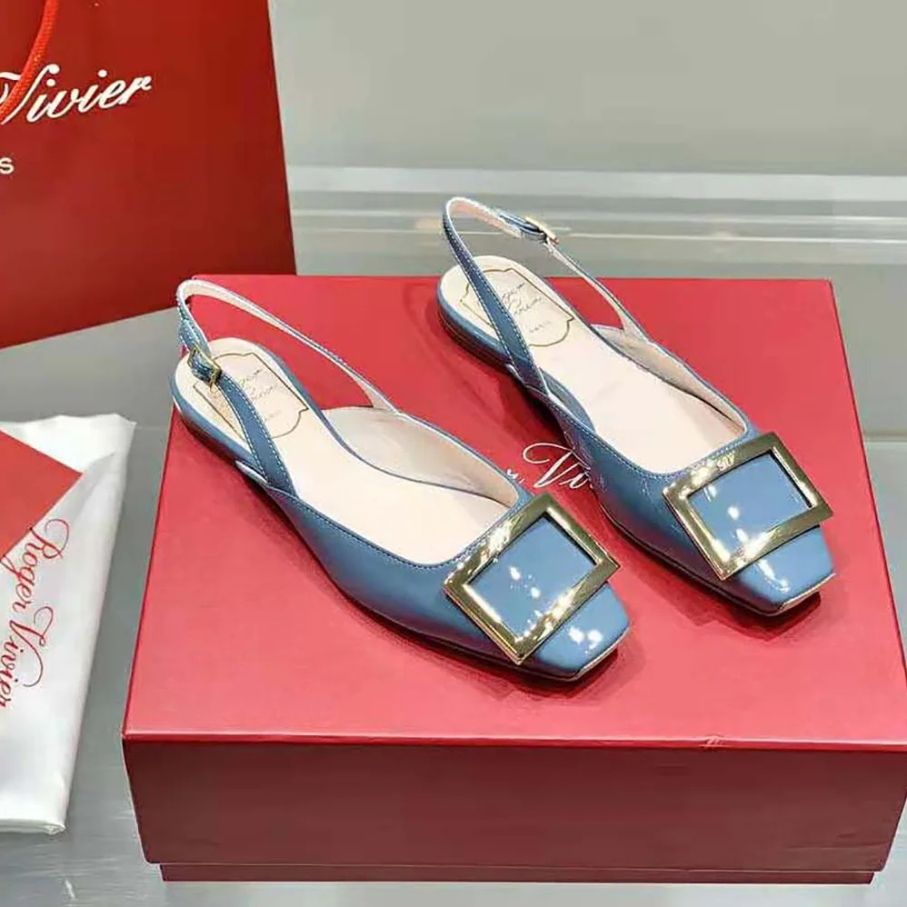 Roger Vivier Trompette Metal Buckle Slingback Ballerinas in Patent Leather for Women in Blue Roger Vivier Trompette Metal Buckle Slingback Ballerinas in Patent Leather for Women in Blue