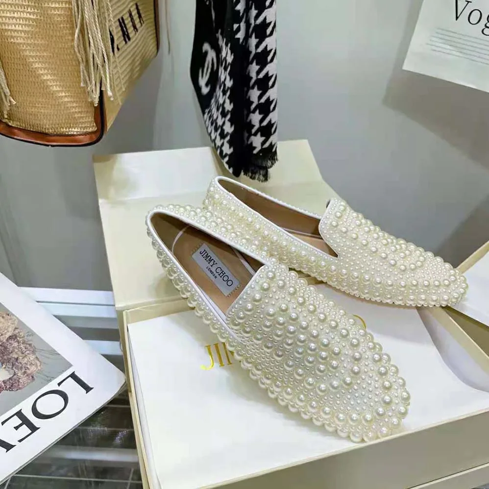 Jimmy Choo Varsha Flat White Satin Flats with All for Women in Over Pearl Embellishment