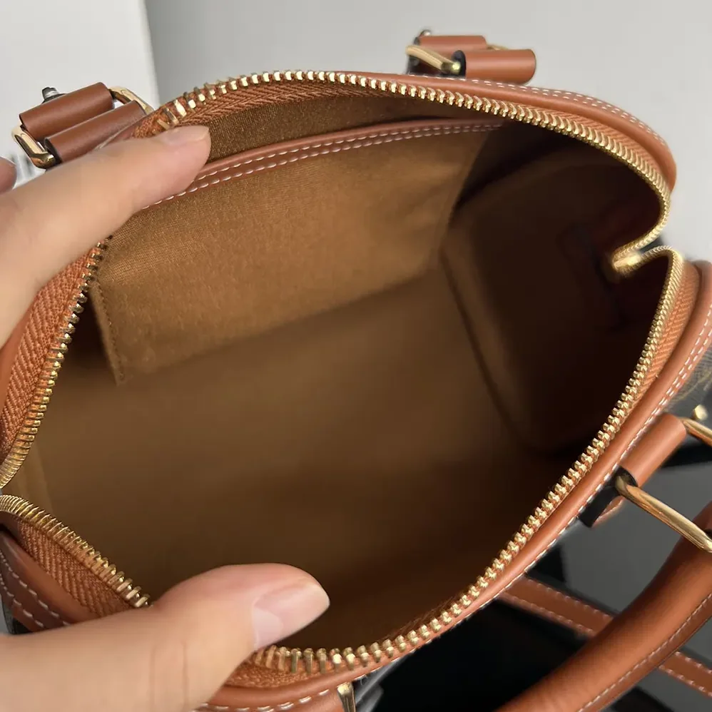 Celine Small Boston in Triomphe Canvas and Calfskin for Women in Tan