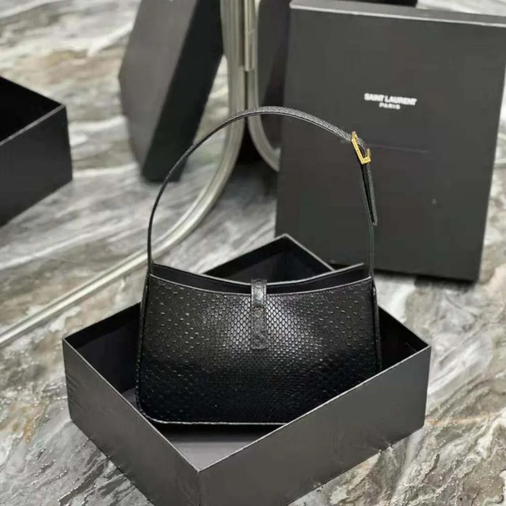 Saint Laurent YSL Le 5 A 7 Hobo Bag in Lizard Shiny Leather for Women in Black Saint Laurent YSL Le 5 A 7 Hobo Bag in Lizard Shiny Leather for Women in Black