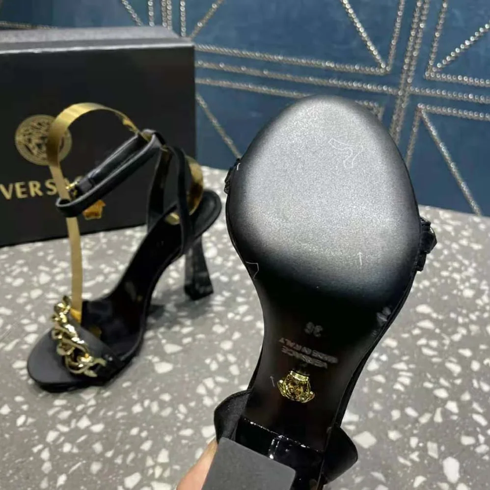 Versace Medusa Chain High Heel Sandals for Women in Black Versace Medusa Chain High Heel Sandals for Women in Black