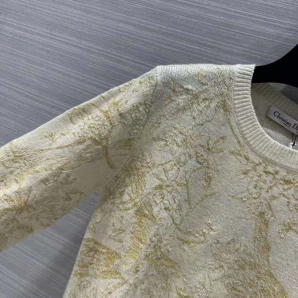 Dior Sweater Gold-Tone Technical Cashmere Knit Embroidered with Metallic Thread in a Dior Jardin D'Hiver Motif for Women