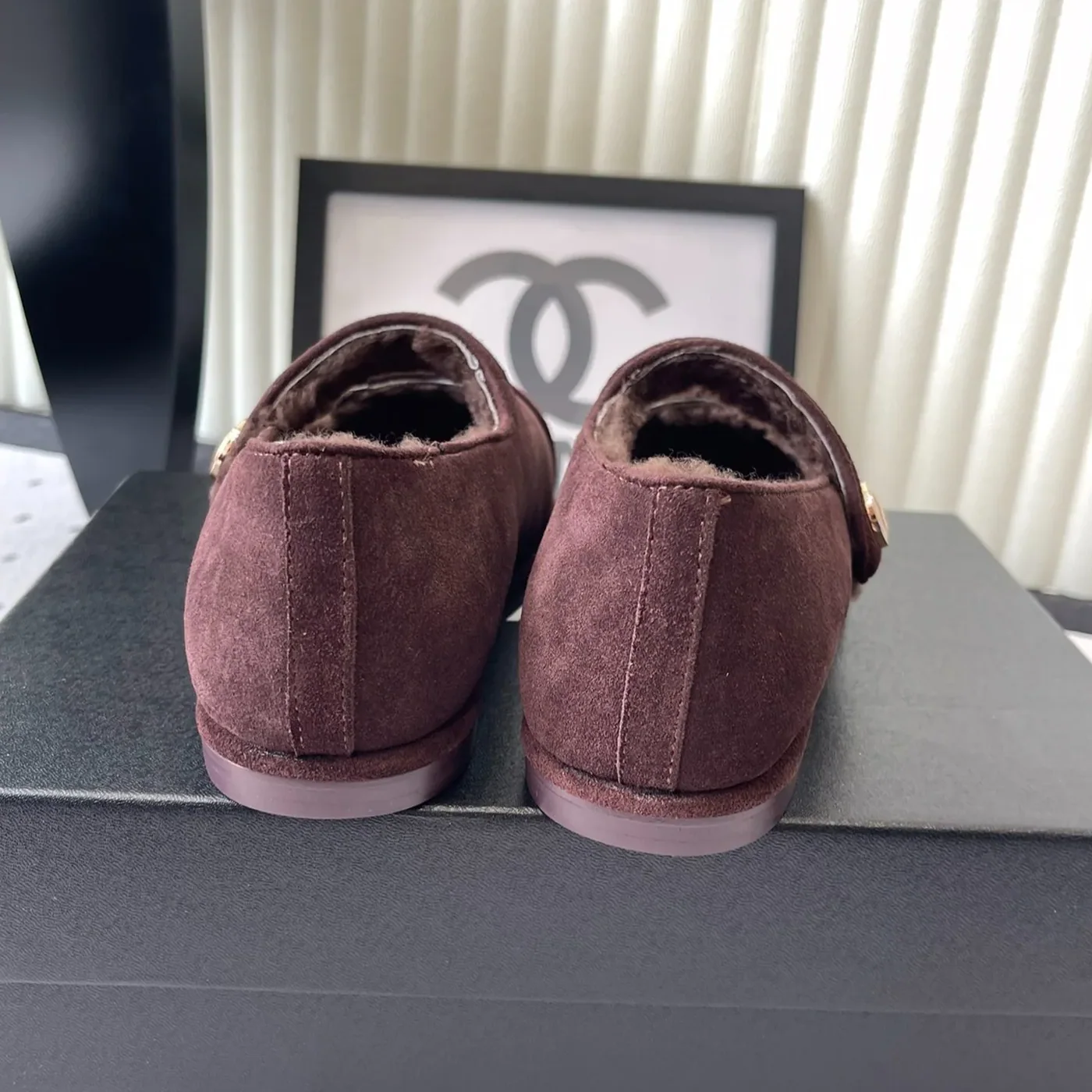 Chanel Mary Jane Flats Burgundy Suede Shearling Chanel Mary Jane Flats Burgundy Suede Shearling