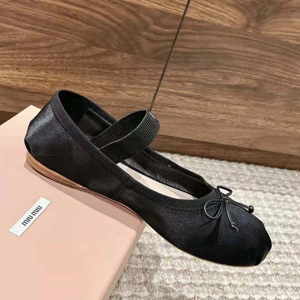 Miu Miu Satin Ballerinas with Knit Logo Label for Women in Black Miu Miu Satin Ballerinas with Knit Logo Label for Women in Black