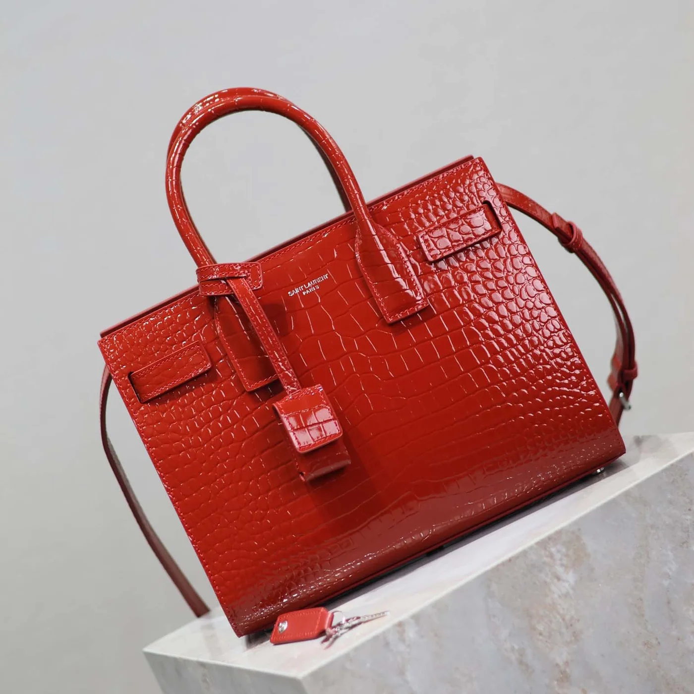 Saint Laurent YSL Sac De Jour in Embossed Crocodile Leather Baby for Women in Red Saint Laurent YSL Sac De Jour in Embossed Crocodile Leather Baby for Women in Red