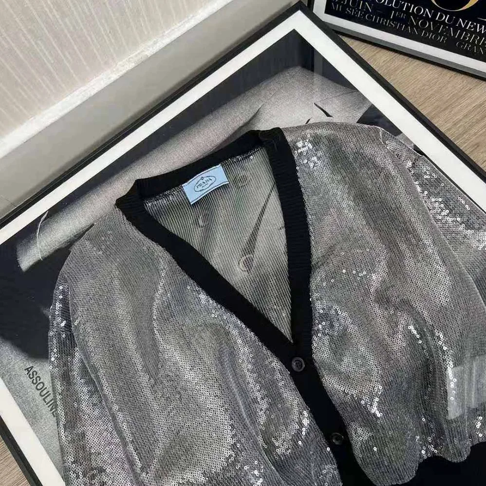 Prada Sequin-Embroidered Tulle Crop Top for Women in Black Prada Sequin-Embroidered Tulle Crop Top for Women in Black