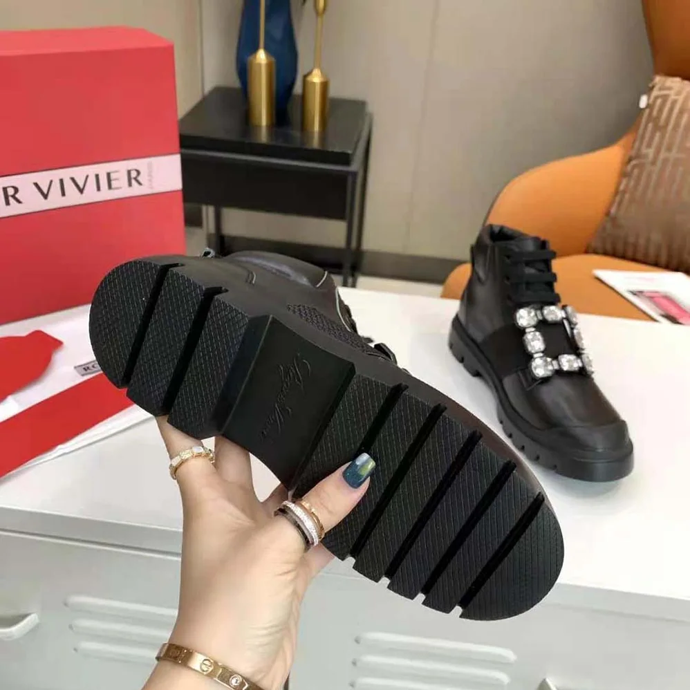 Roger Vivier Walky Viv' Lace Up Strass Buckle Booties in Leather for Women Roger Vivier Walky Viv' Lace Up Strass Buckle Booties in Leather for Women