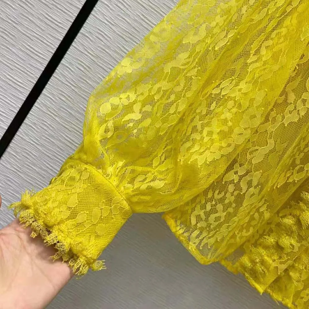 Fendi Yellow Lace Shirt with Wide Puff Sleeves for Women Fendi Yellow Lace Shirt with Wide Puff Sleeves for Women