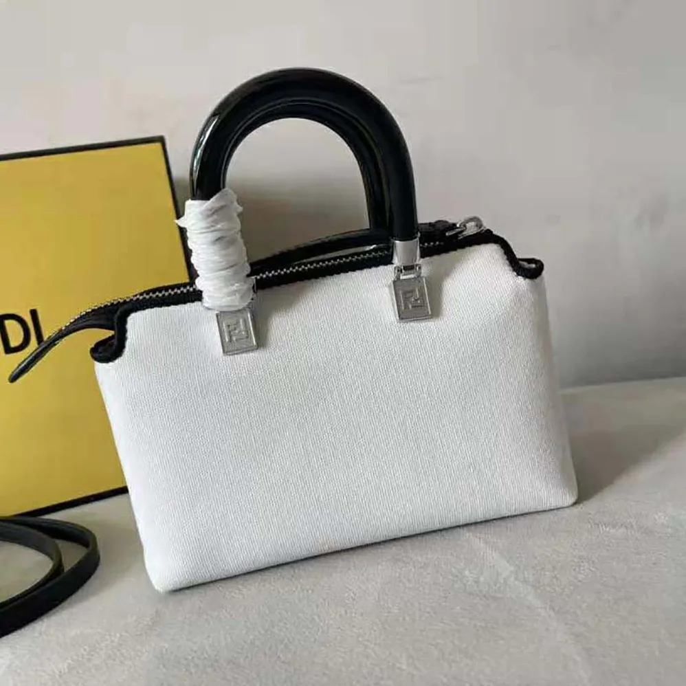 Fendi By The Way Mini White Canvas Small Boston Bag for Women Fendi By The Way Mini White Canvas Small Boston Bag for Women