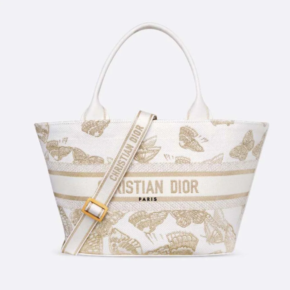 Dior Hat Basket Bag White and Gold-tone Gradient Butterflies Embroidery for Women Dior Hat Basket Bag White and Gold-tone Gradient Butterflies Embroidery for Women