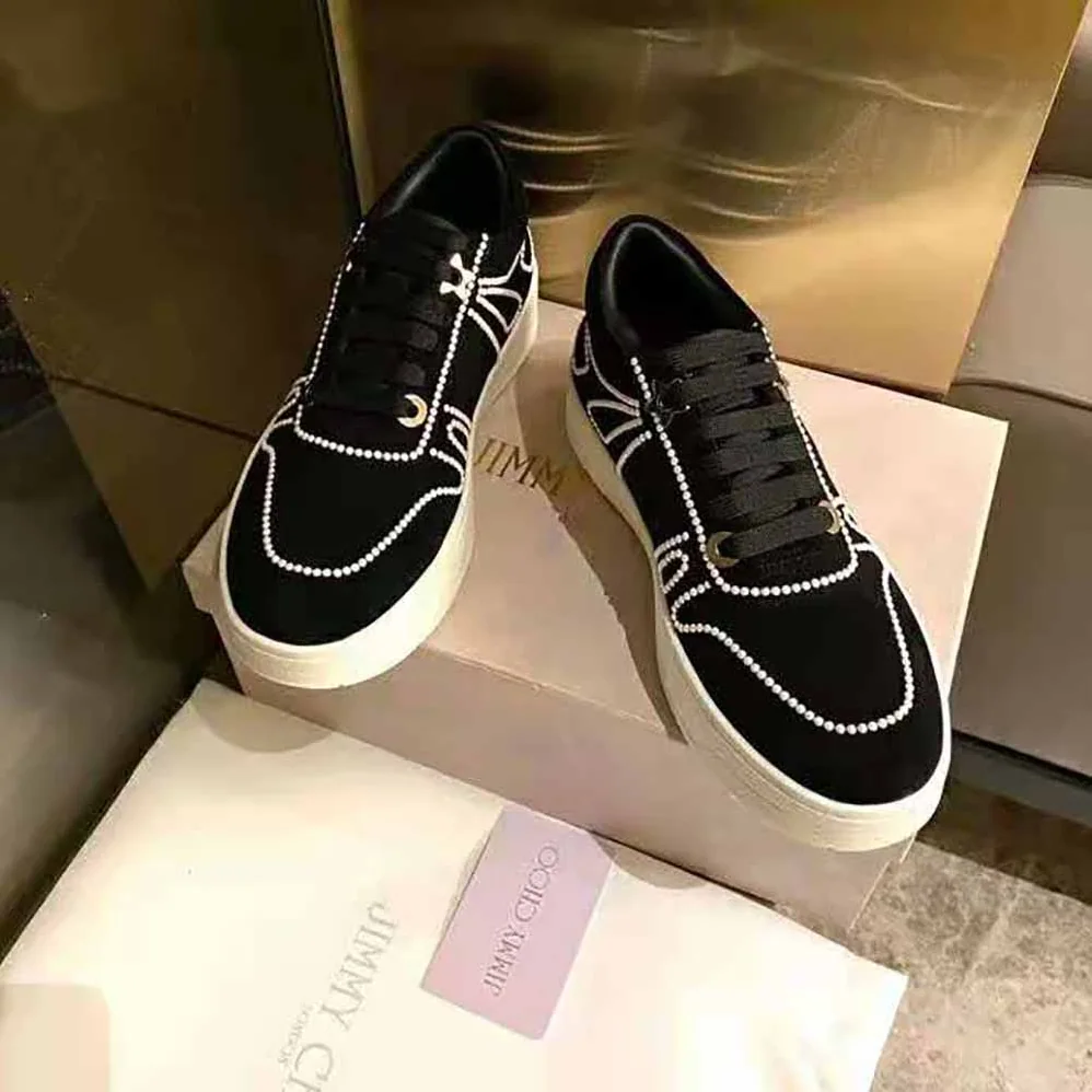 Jimmy Choo Hawaii/F Black Suede Lace-Up Sneakers with Pearl Detailing for Women Jimmy Choo Hawaii/F Black Suede Lace-Up Sneakers with Pearl Detailing for Women