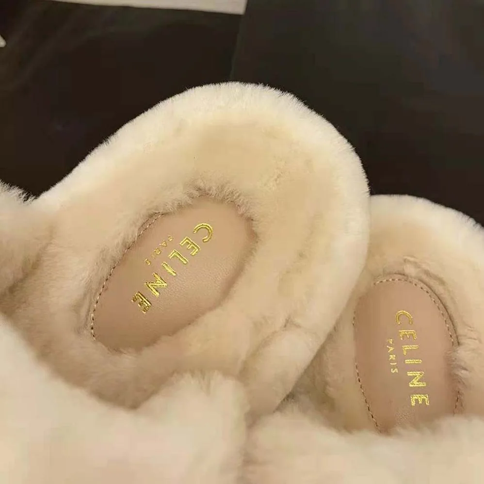 Celine Fur Slides Triomphe Open Slides in Shearling for Women