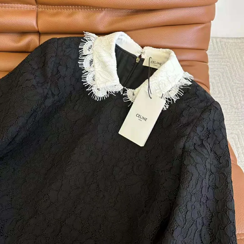 Celine Trapeze Mini Dress in Floral Guipure for Women in Black