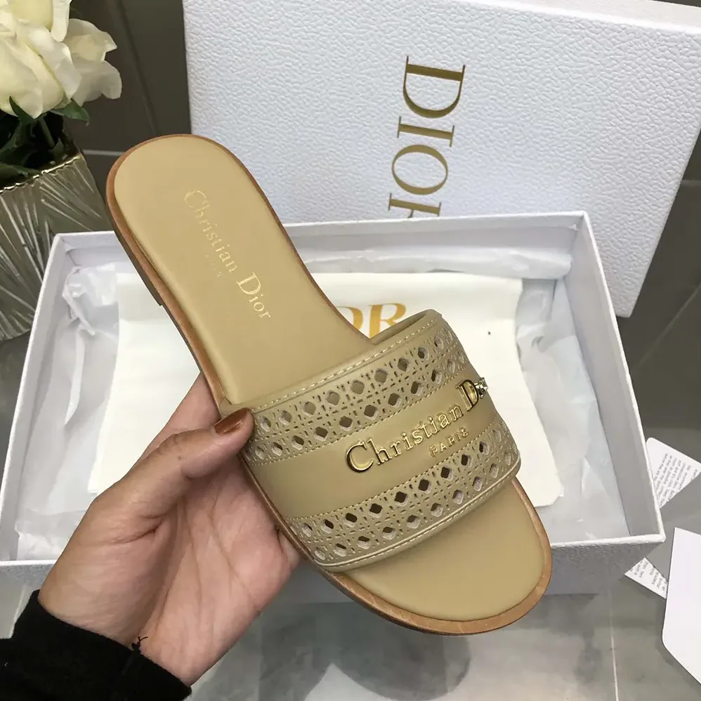 Dior D-Lane Slide Beige Calfskin with Openwork Microcannage Motif for Women Dior D-Lane Slide Beige Calfskin with Openwork Microcannage Motif for Women
