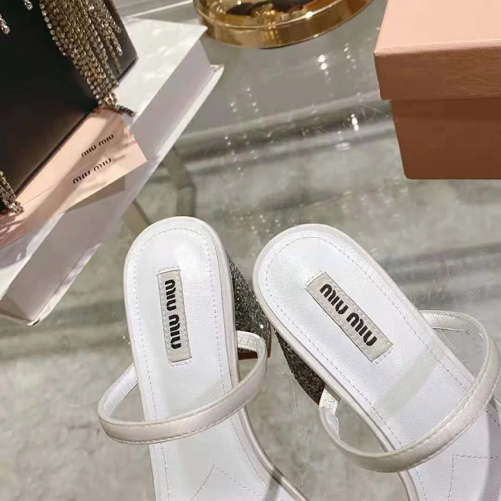 Miu Miu Satin and Glitter Slides in 85 mm Heel Height for Women in White Miu Miu Satin and Glitter Slides in 85 mm Heel Height for Women in White
