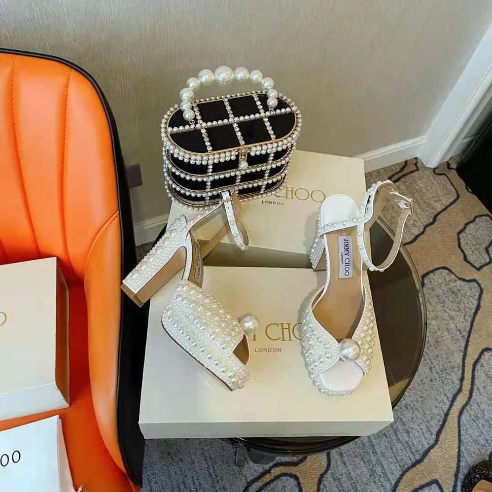Jimmy Choo Sacaria/pf 120 White Satin Platform Sandals with All for Women in Over Pearl Embellishment