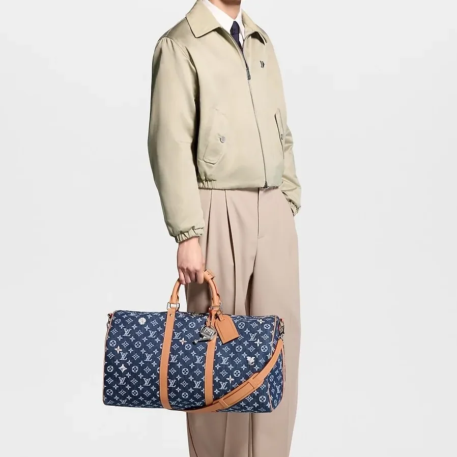 Louis Vuitton Keepall Bandouliere 50 Travel Bag in Blue Denim Silver Hardware