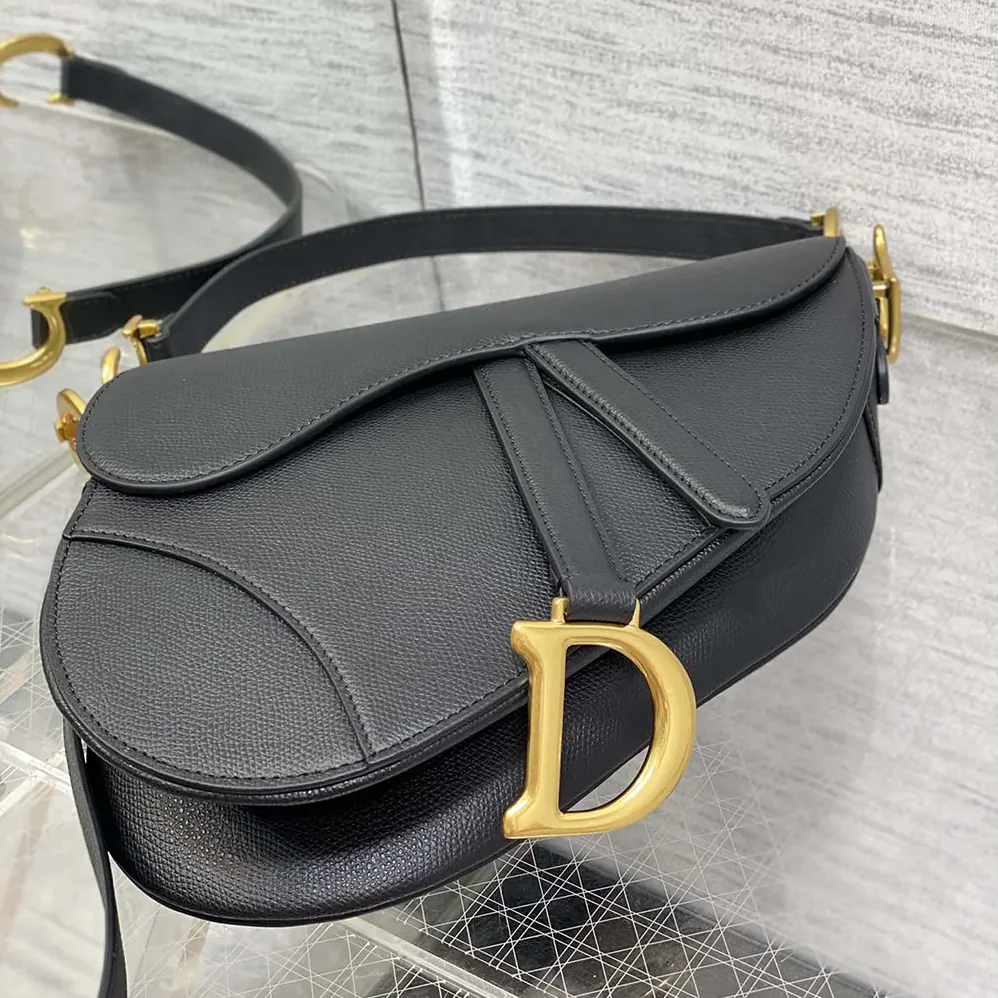 Dior Saddle Bag with Strap Black Grained Calfskin for Women