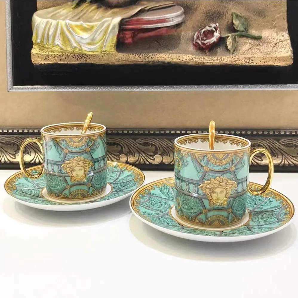 Versace Scala Del Palazzo Coffee Set Includes A Coffee Cup with Handle and A Matching Saucer for Unisex in Blue