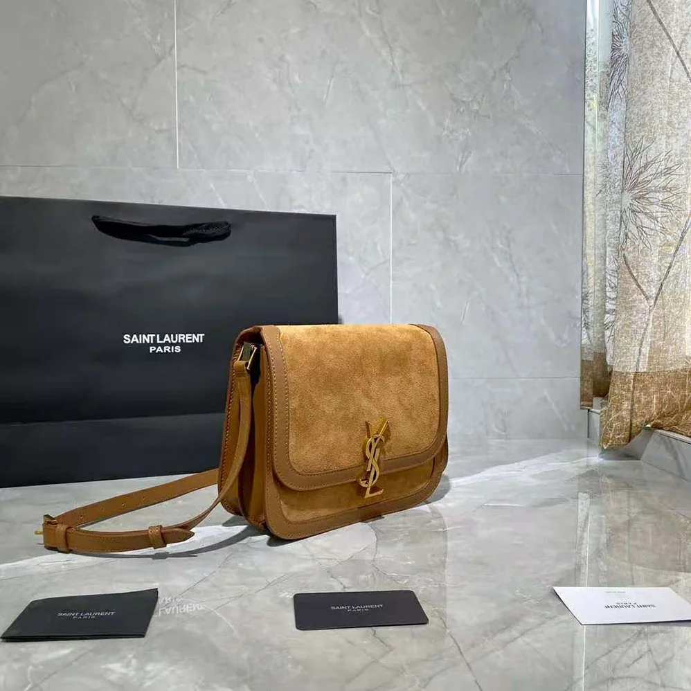 Saint Laurent YSL Solferino Medium Soft Satchel in Bsuede and Smooth Leather for Women in Brown