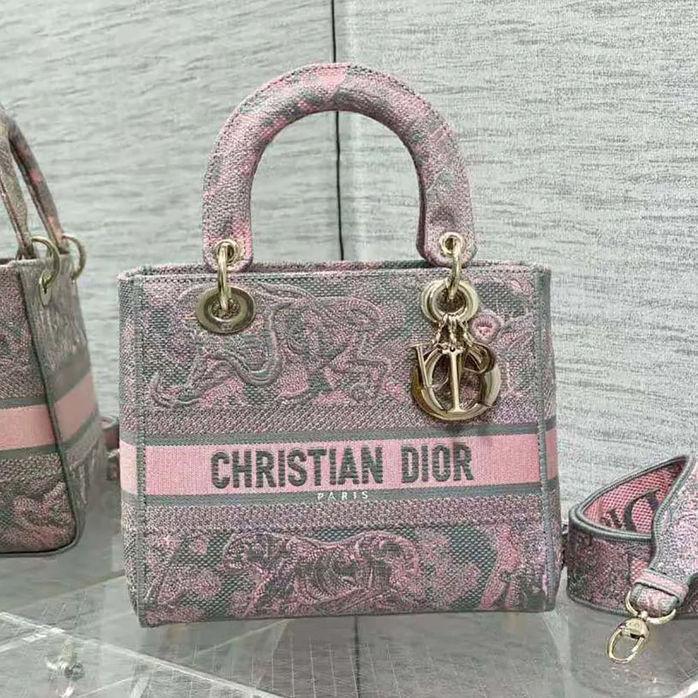 Dior Medium Lady D-lite Bag Gray and Pink Toile de Jouy Reverse Embroidery for Women Dior Medium Lady D-lite Bag Gray and Pink Toile de Jouy Reverse Embroidery for Women