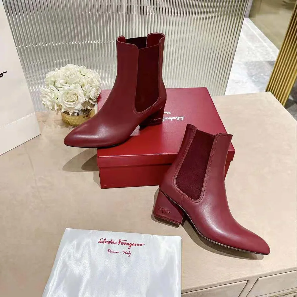 Salvatore Ferragamo Chelsea Boot in 55mm Heel for Women in Maroon Salvatore Ferragamo Chelsea Boot in 55mm Heel for Women in Maroon