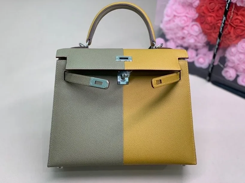 Hermes Kelly 28 Sellier Epsom Bag Grey in Yellow Hermes Kelly 28 Sellier Epsom Bag Grey in Yellow
