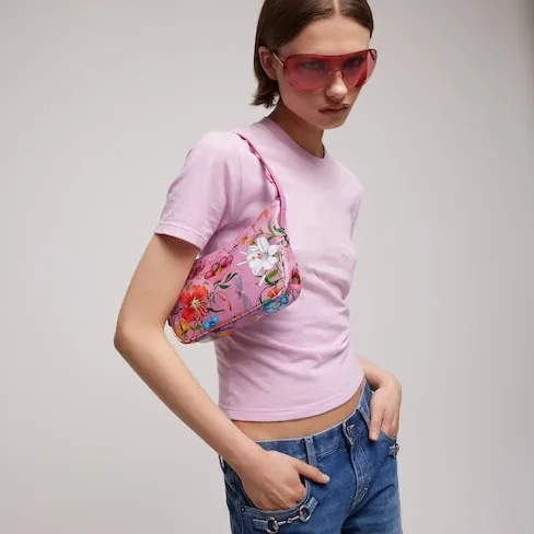 Gucci Lady Lunetta Small Shoulder Bag / Pink/ Multicolor Gucci Flora Coated Canvas Palladium Hardware