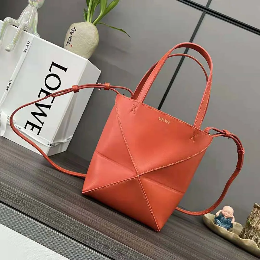 Loewe Mini Puzzle Fold Tote in Shiny Calfskin for Unisex in Orange